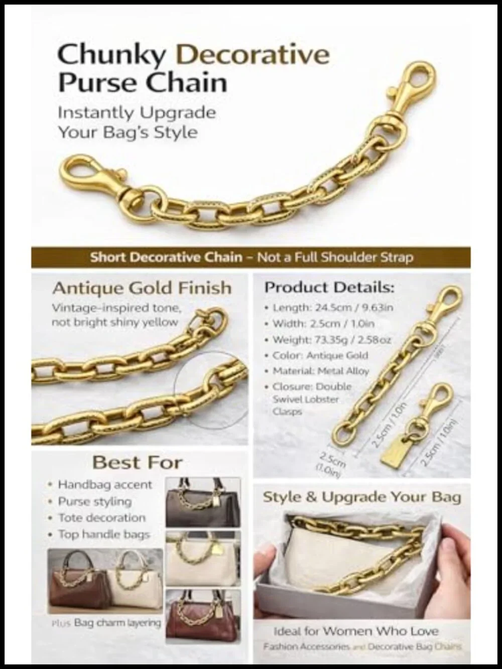 Chunky Decorative Purse Chain with Double Clips - Short Bag Accent for Handbags